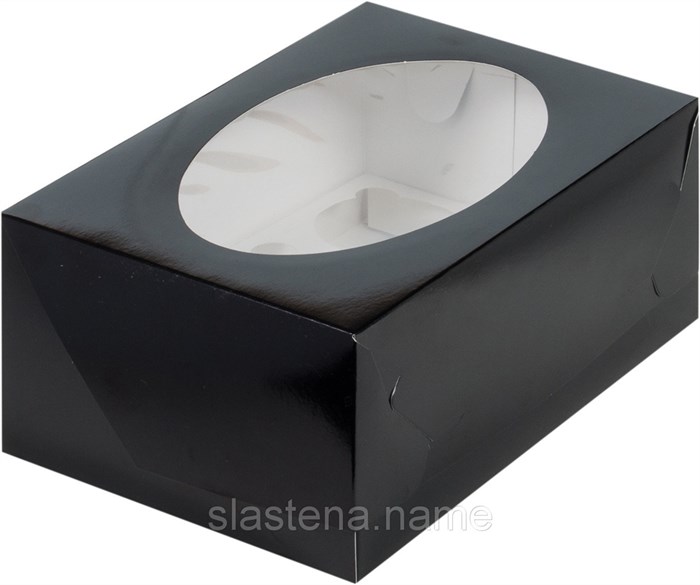 Коробка для 6 капкейков черная цена с окном  235х160х100 - фото 6789