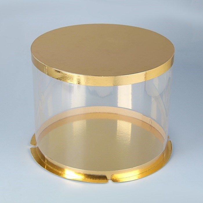 Упаковка  коробка 20х15 см для торта цилиндр тубус  прозрачная/золото - фото 9309